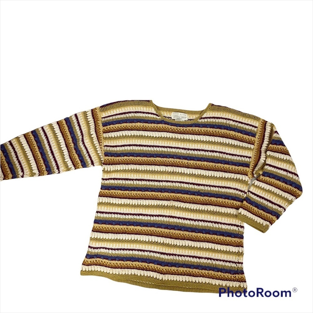 VINTAGE Jennifer Reed Hand Knitted Striped Ramie Cotton Sweater Medium